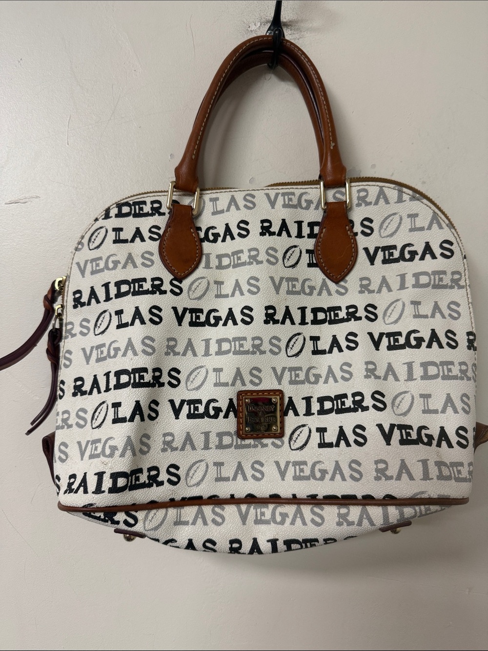 Dooney & Bourke White Las Vegas Raiders Logo Satchel with Brown Trim
